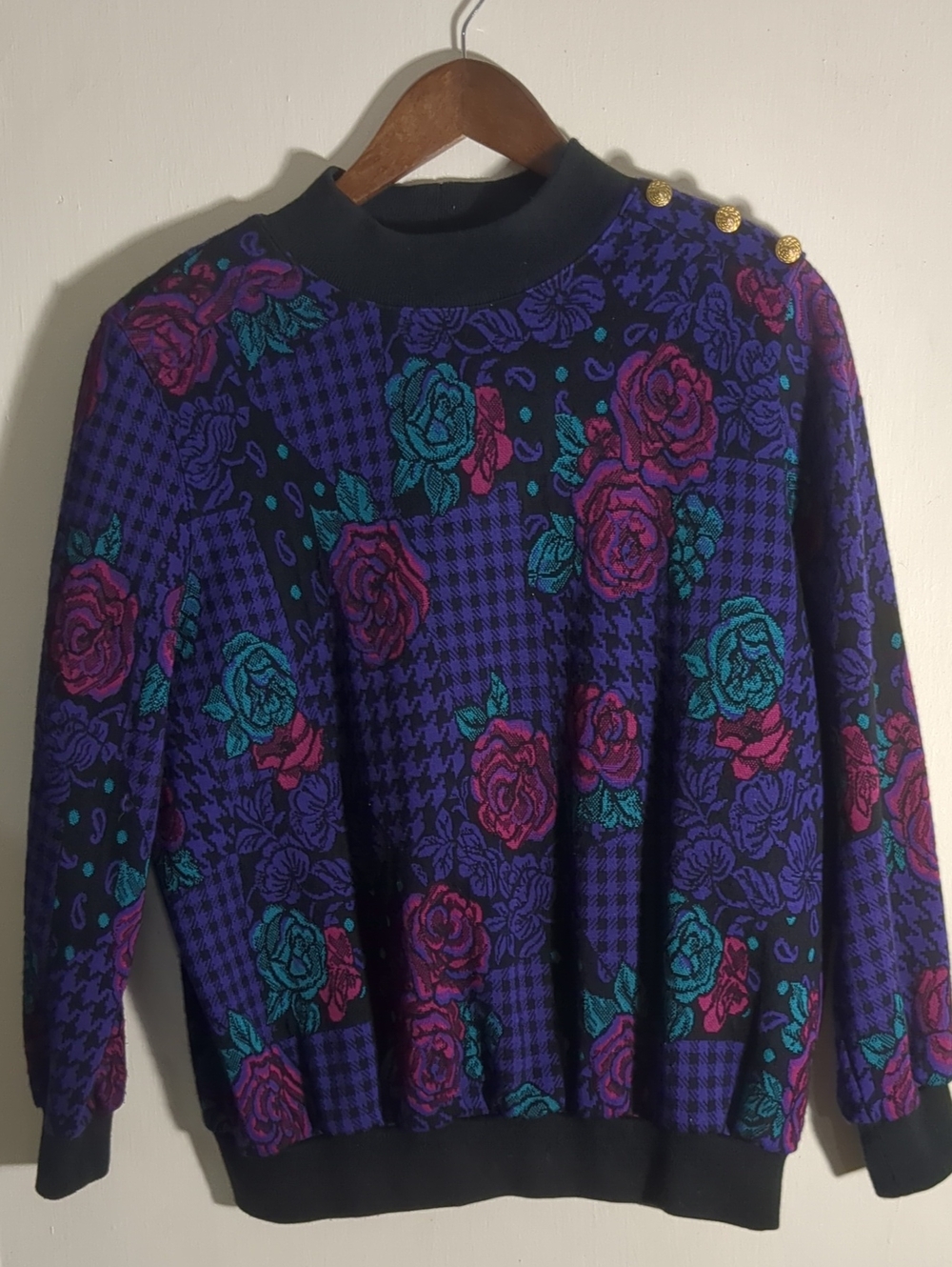 Vintage 80s Alfred Dunner Purple Floral Houndstooth Mock Neck Sweater Large
